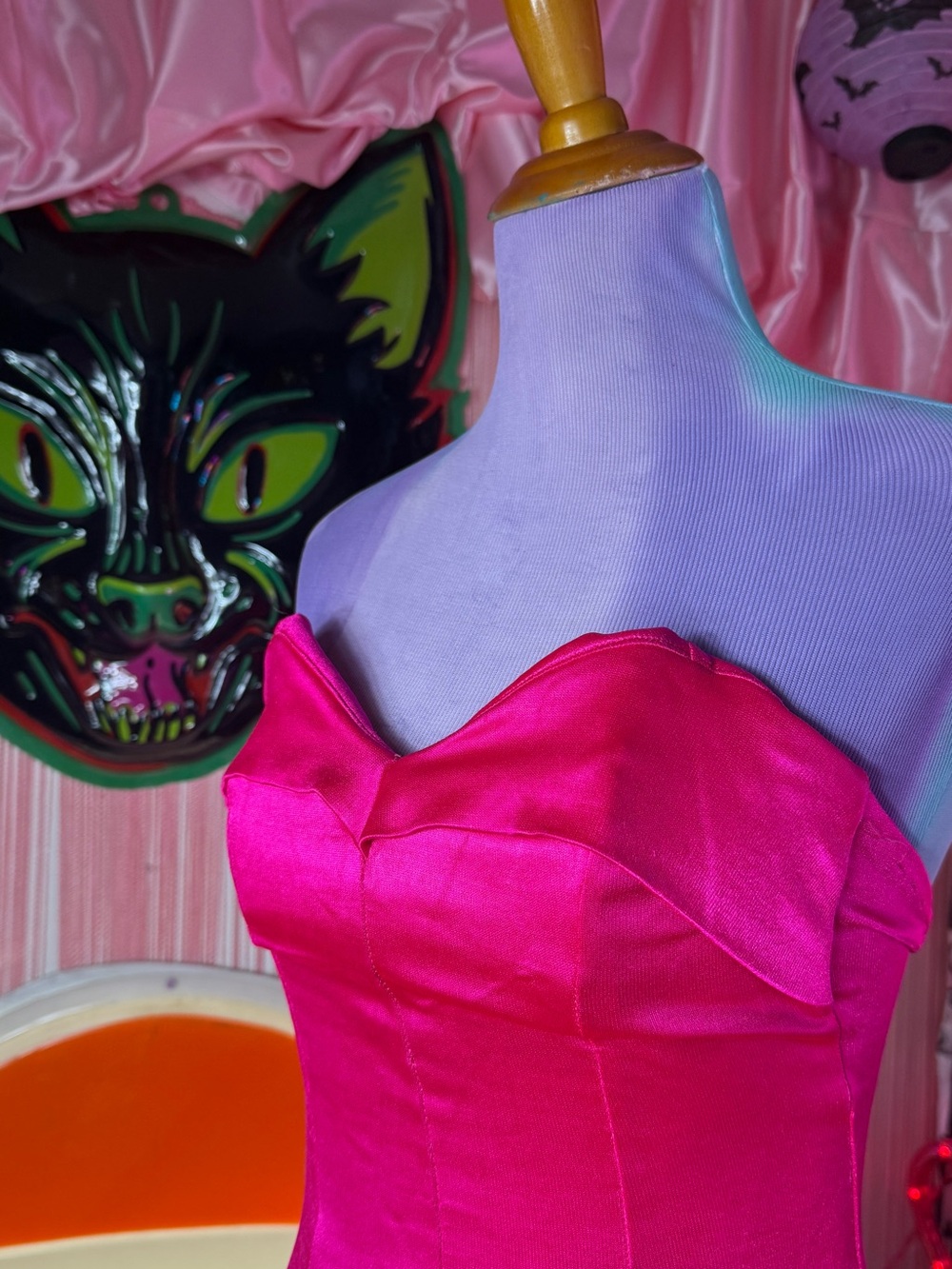 Vintage Betsey Johnson Punk Label Hot Pink Satin Strapless Dress w/ Boning Sz S - Picture 4 of 11